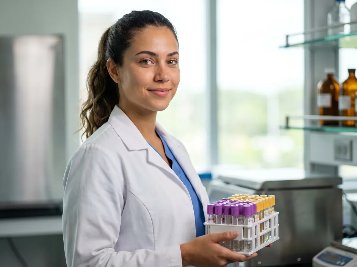 Profissional de laboratório segurando tubos de coleta de sangue para análises clínicas em Lauro de Freitas
